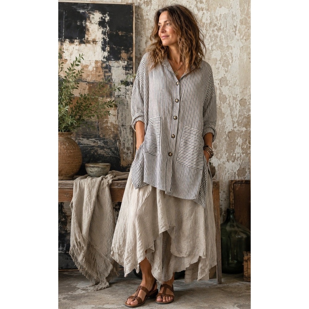 Final Touch Linen Tunic Top Womens Small Oversized Striped Button Boho Lagenlook